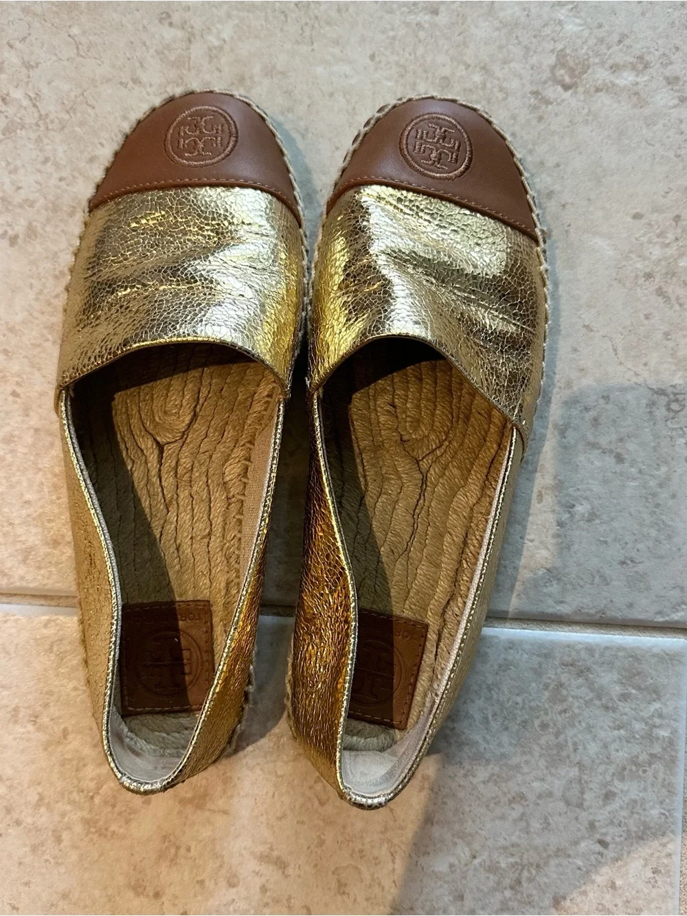 Tory Burch Metallic Gold Espadrille Flats with Brown Toe Cap